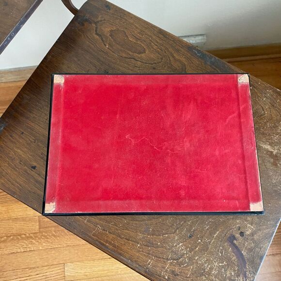 Vintage Dresser Caddy Faux Leather Box with Lid Red Flocked Velvet Valet - Picture 9 of 10